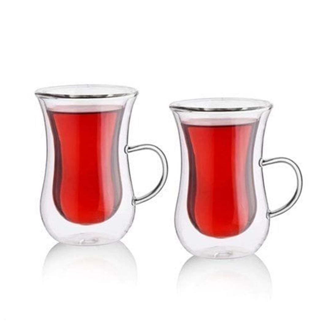 2'li Çift Cidarlı Kulplu Cam Çay Bardağı