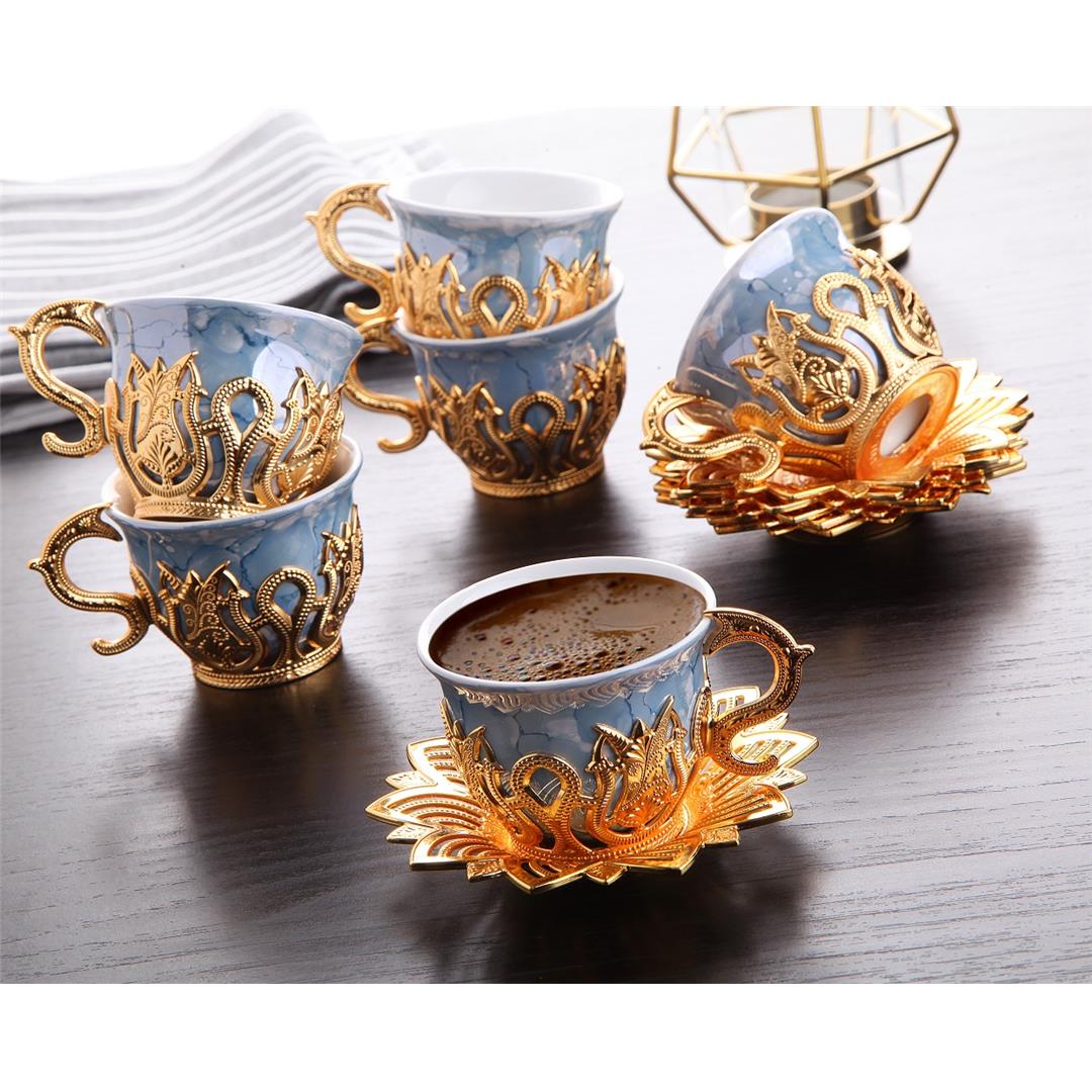 Ahsen Tiryaki Mavi Desenli Kahve Seti – Altın