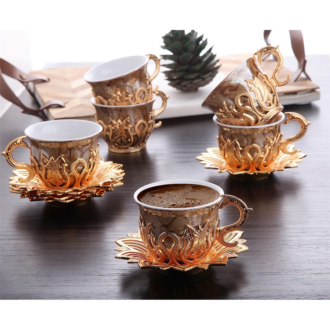 Ahsen Tiryaki Kahverengi Desenli Kahve Seti – Altın