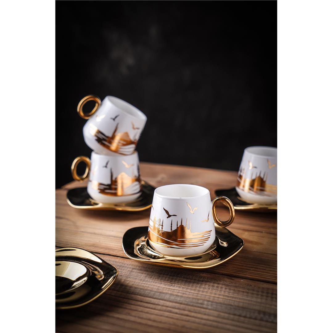 Asya 6 Kişilik Gold Tabaklı Desenli Kahve Fincan Takımı - Beyaz