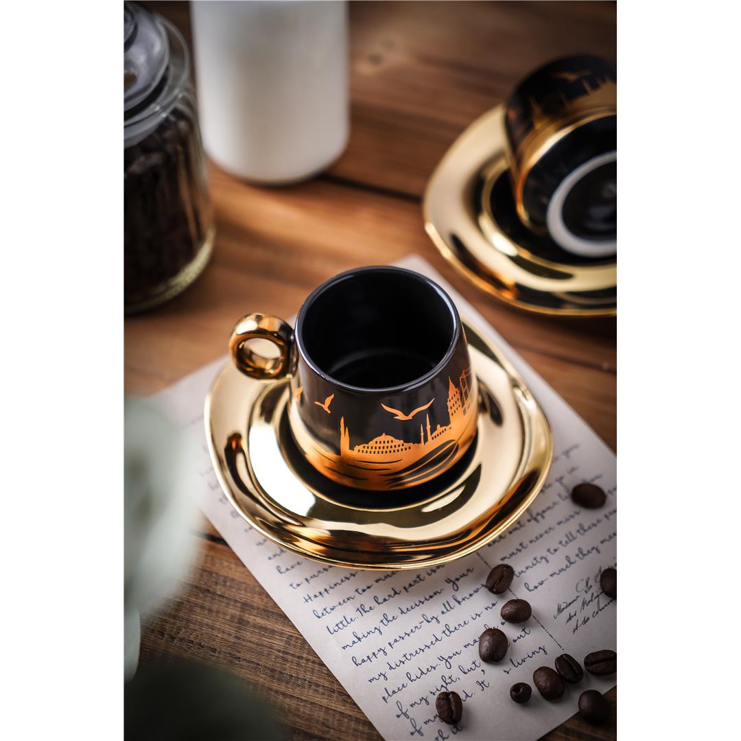 Asya 6 Kişilik Gold Tabaklı Desenli Kahve Fincan Takımı - Siyah