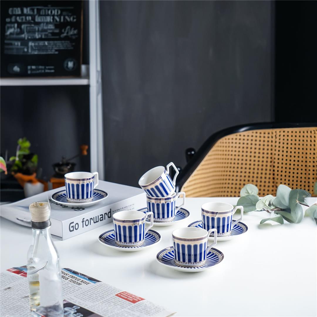 London 6 Kişilik Desenli Kahve Fincan Takımı - Mavi